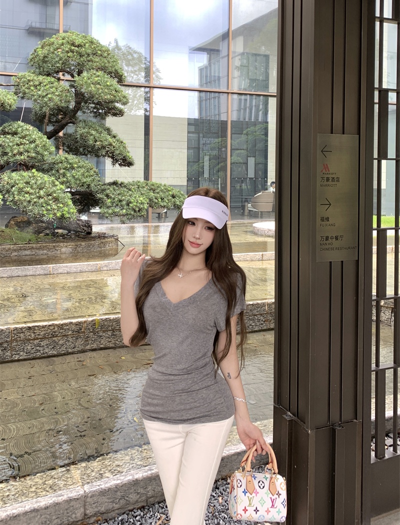 Summer long commuting T-shirt V-neck loose pure tops