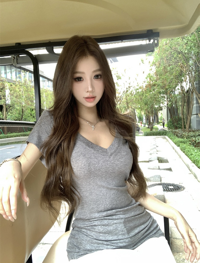 Summer long commuting T-shirt V-neck loose pure tops