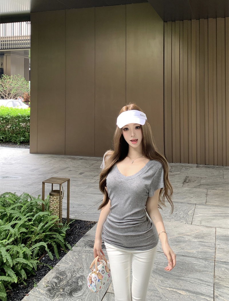 Summer long commuting T-shirt V-neck loose pure tops