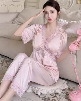 Satin long pants homewear pajamas 2pcs set for women