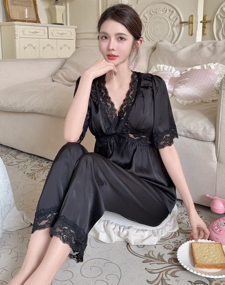 Satin long pants homewear pajamas 2pcs set for women