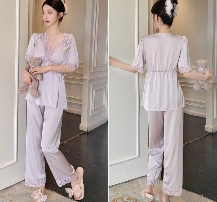Satin long pants homewear pajamas 2pcs set for women