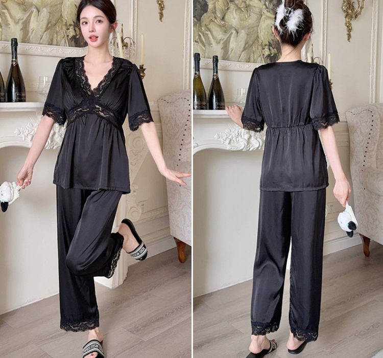 Satin long pants homewear pajamas 2pcs set for women