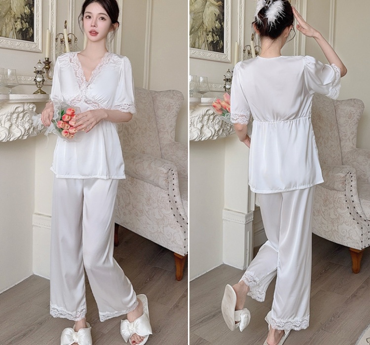 Satin long pants homewear pajamas 2pcs set for women