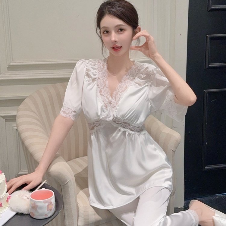 Satin long pants homewear pajamas 2pcs set for women