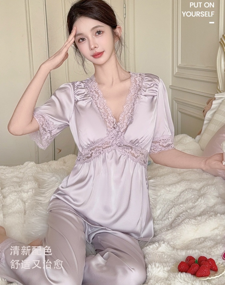 Satin long pants homewear pajamas 2pcs set for women