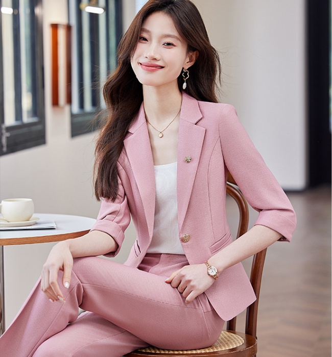 Commuting business suit pink coat 2pcs set for women