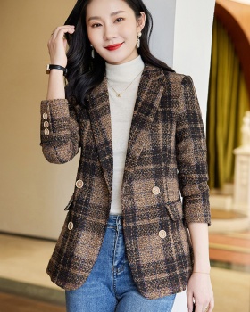 Plaid long sleeve coat brown business suit