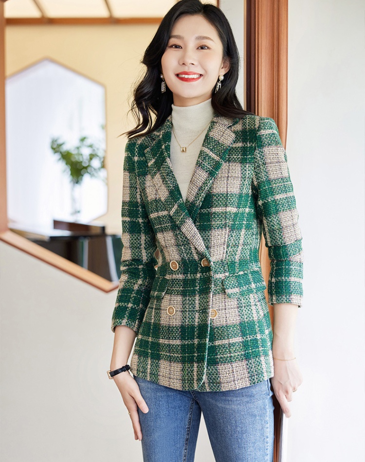 Plaid long sleeve coat brown business suit