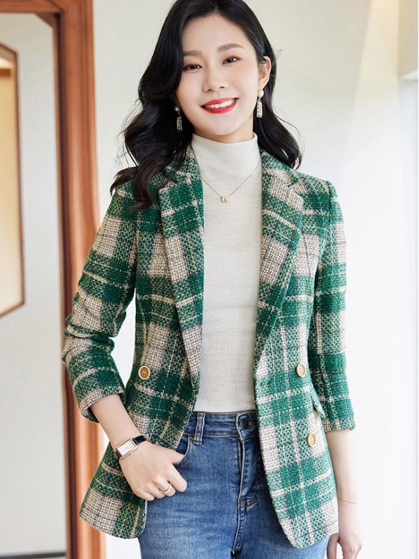 Plaid long sleeve coat brown business suit
