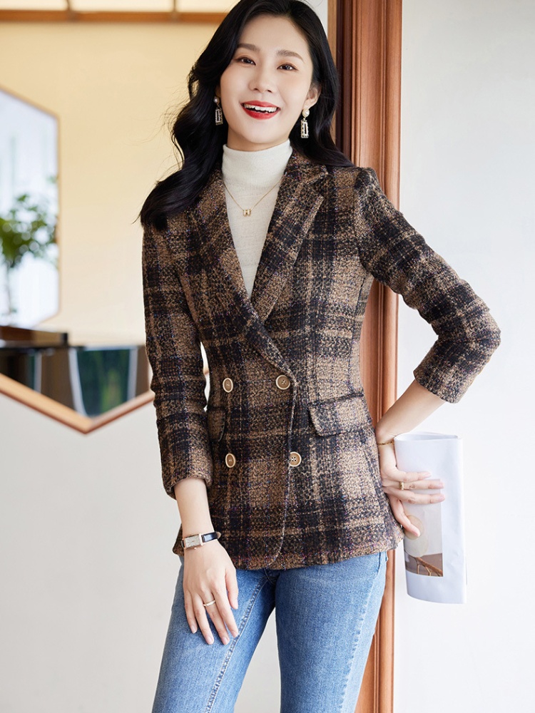 Plaid long sleeve coat brown business suit