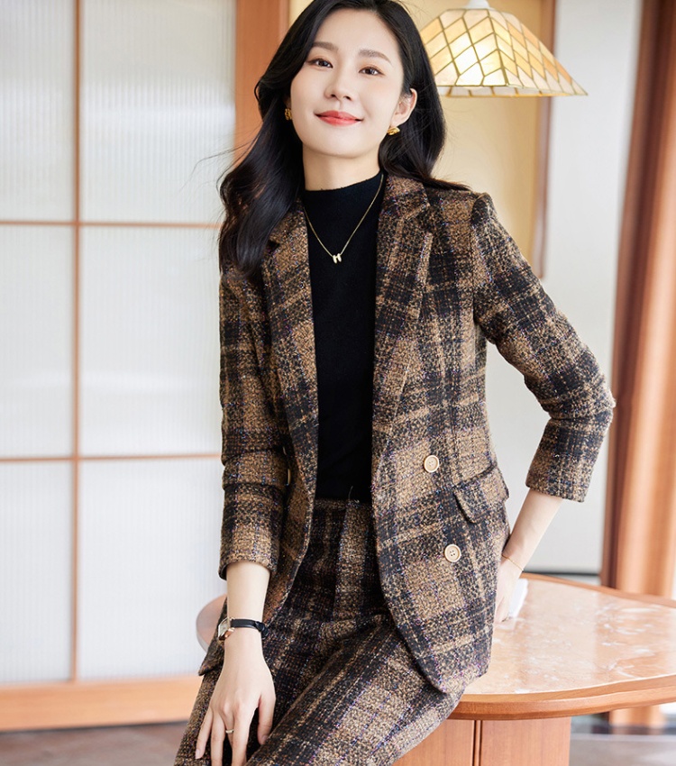 Plaid long sleeve coat brown business suit