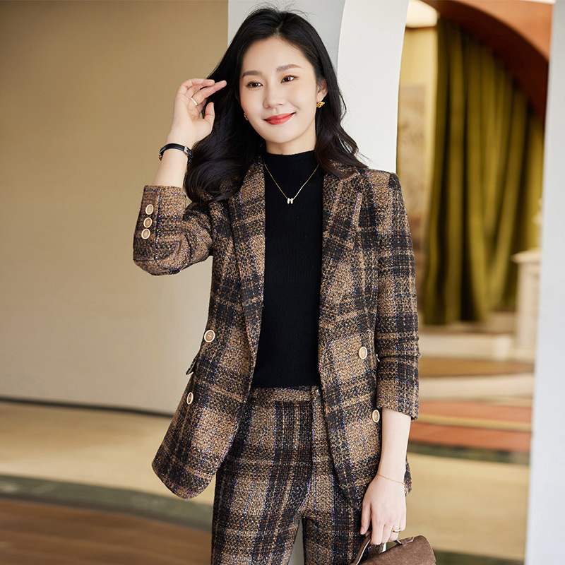 Plaid long sleeve coat brown business suit