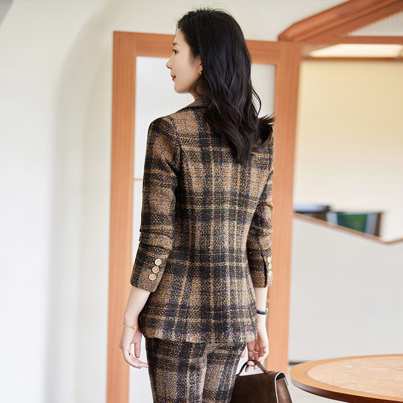 Plaid long sleeve coat brown business suit