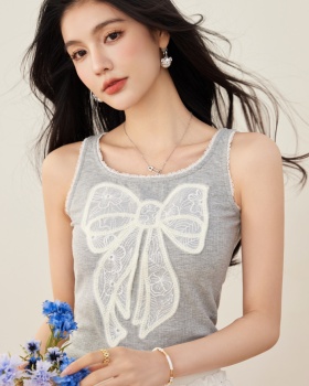 Lace short bow tops patch U-neck sling vest
