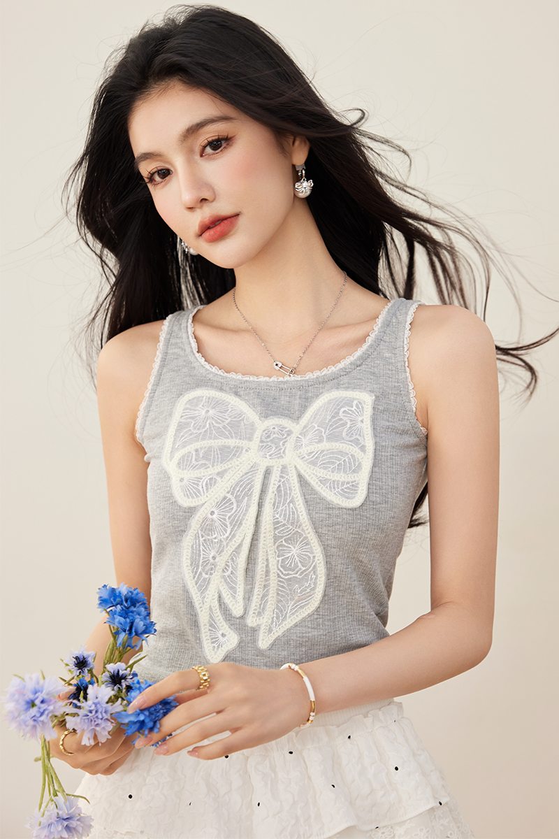 Lace short bow tops patch U-neck sling vest