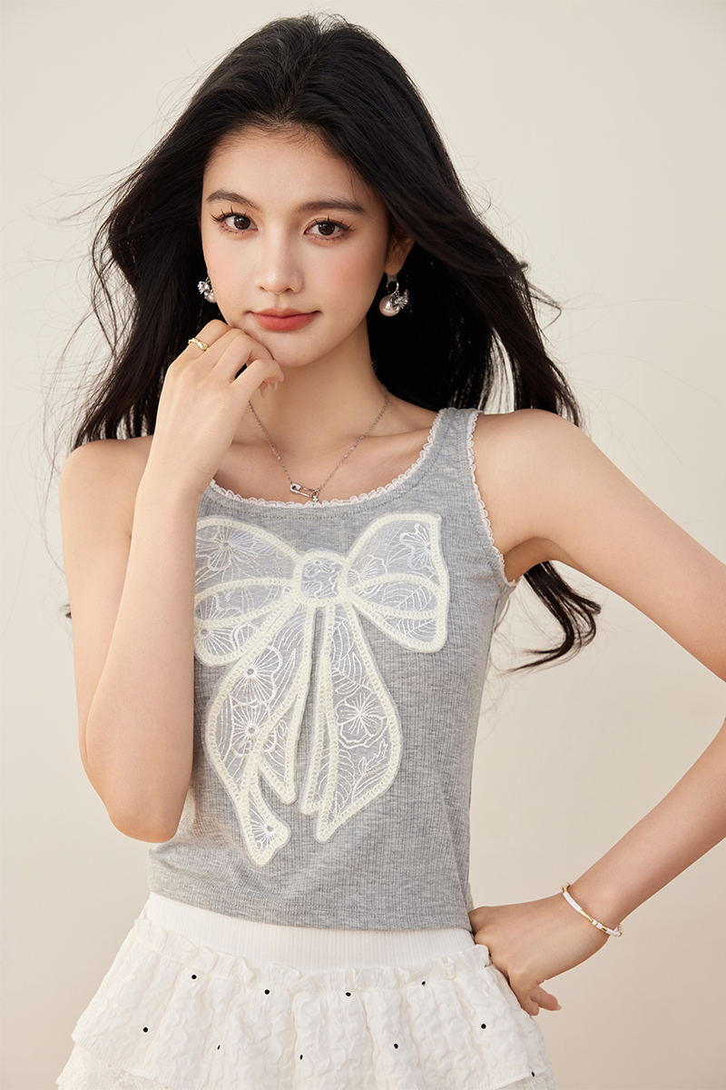 Lace short bow tops patch U-neck sling vest