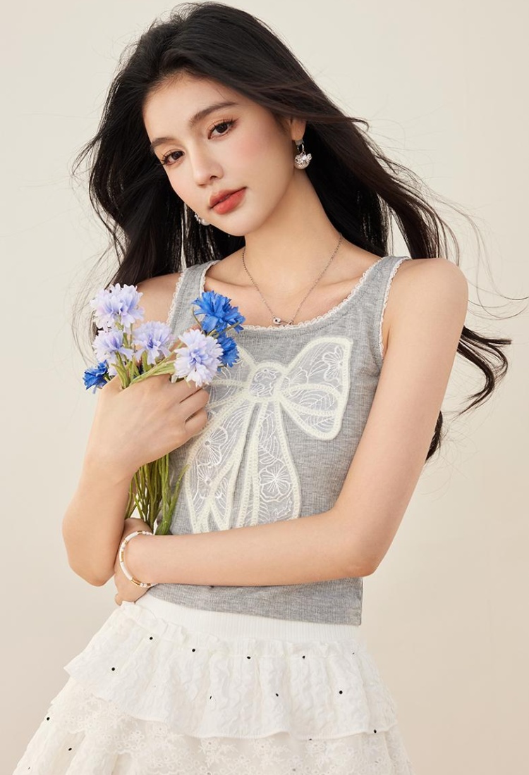 Lace short bow tops patch U-neck sling vest