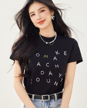 Printing round neck summer T-shirt black letters tops