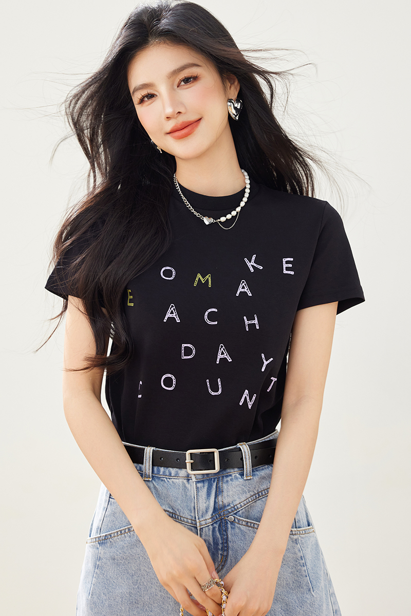 Printing round neck summer T-shirt black letters tops