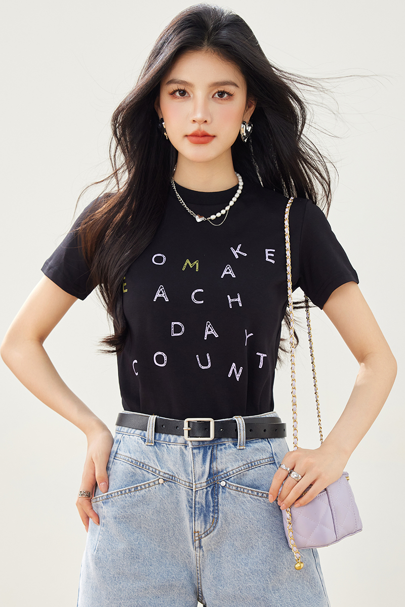 Printing round neck summer T-shirt black letters tops