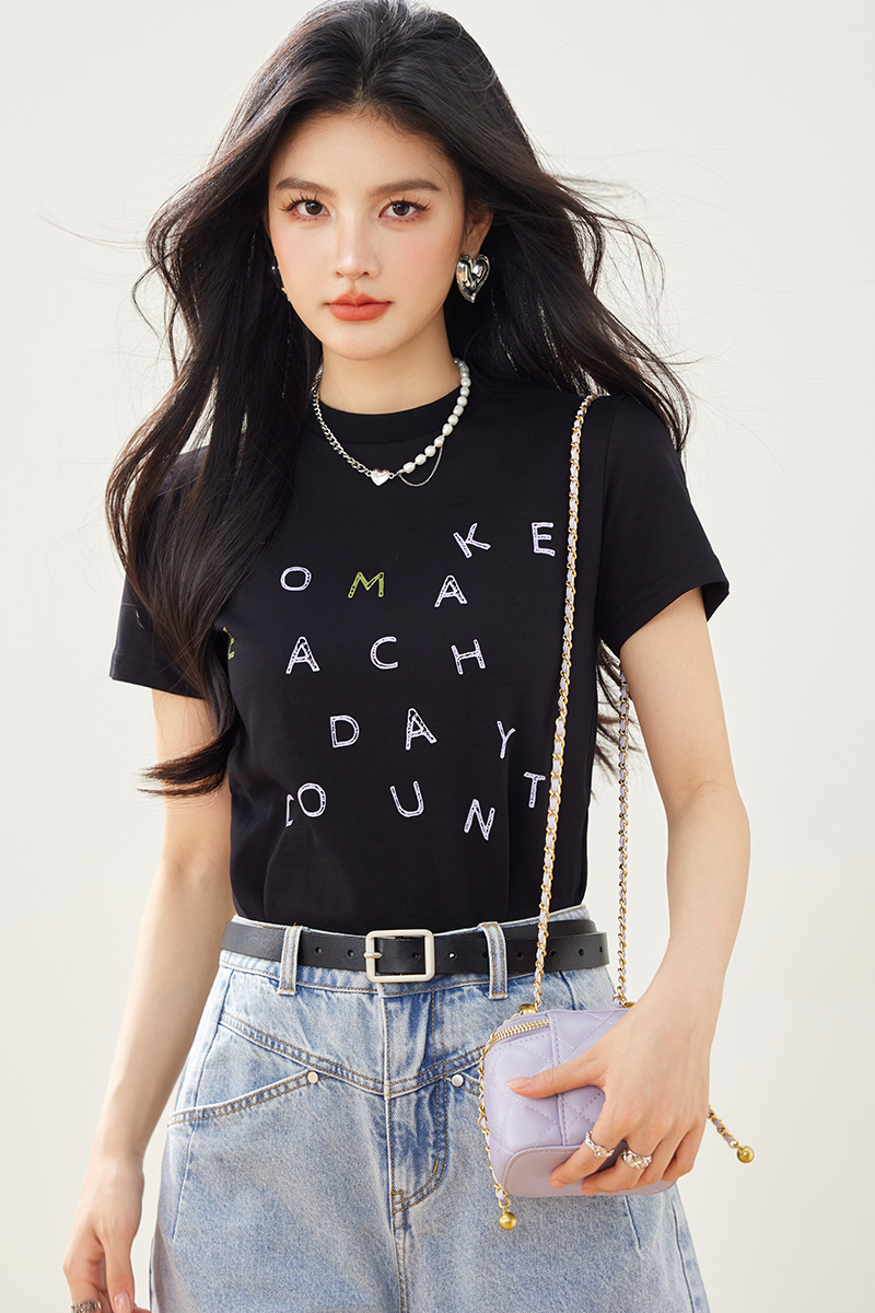 Printing round neck summer T-shirt black letters tops