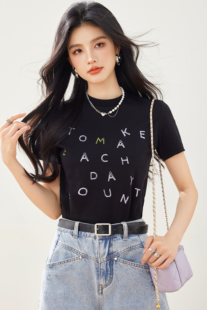 Printing round neck summer T-shirt black letters tops