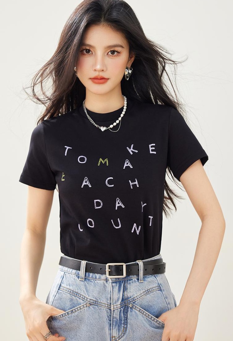 Printing round neck summer T-shirt black letters tops