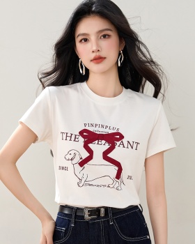 Cotton round neck retro printing stereoscopic bow T-shirt