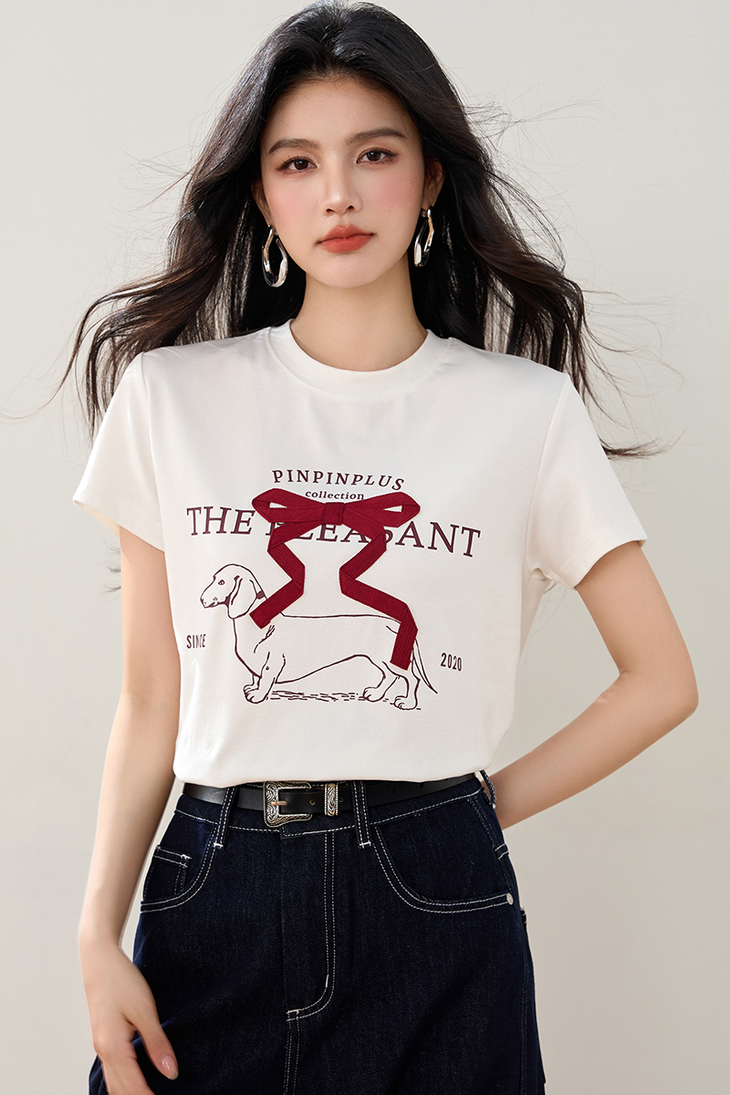 Cotton round neck retro printing stereoscopic bow T-shirt
