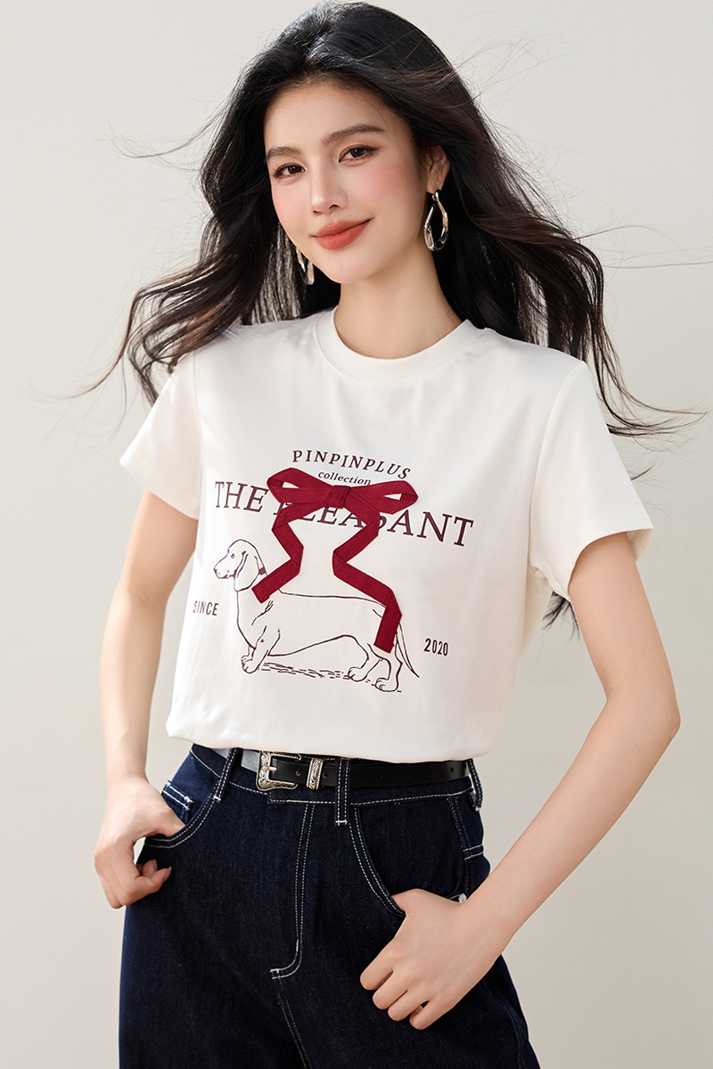 Cotton round neck retro printing stereoscopic bow T-shirt