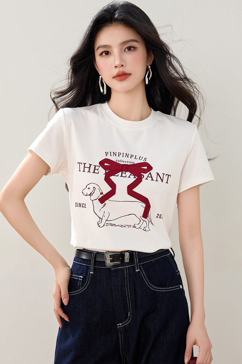Cotton round neck retro printing stereoscopic bow T-shirt