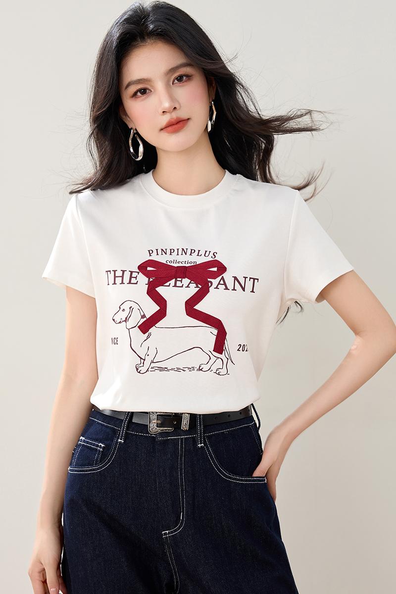 Cotton round neck retro printing stereoscopic bow T-shirt