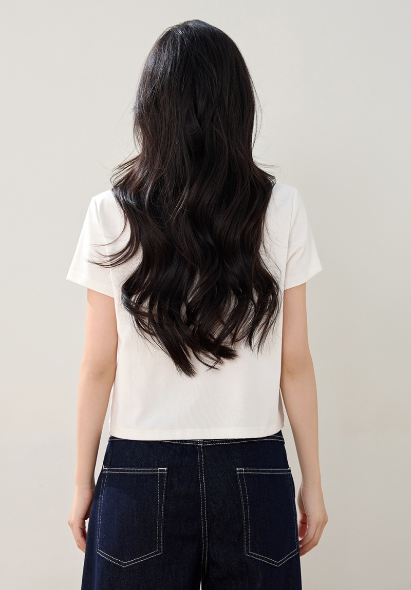 Cotton round neck retro printing stereoscopic bow T-shirt
