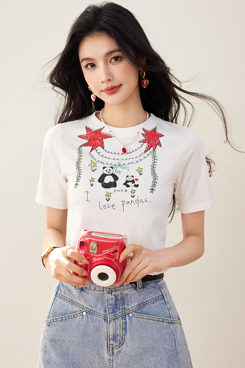 Slim small short summer big panda stars T-shirt