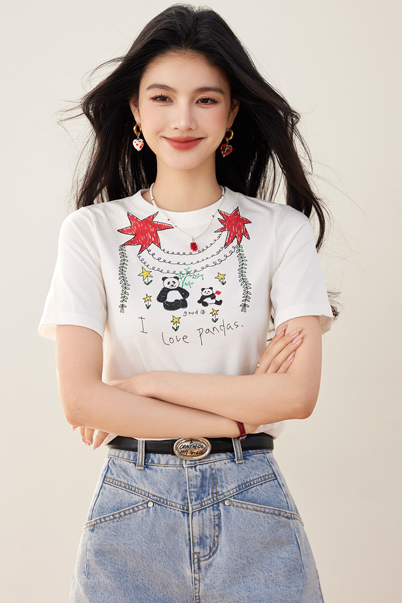 Slim small short summer big panda stars T-shirt