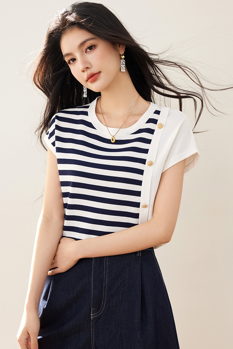 Mixed colors knitted loose T-shirt summer Casual tops