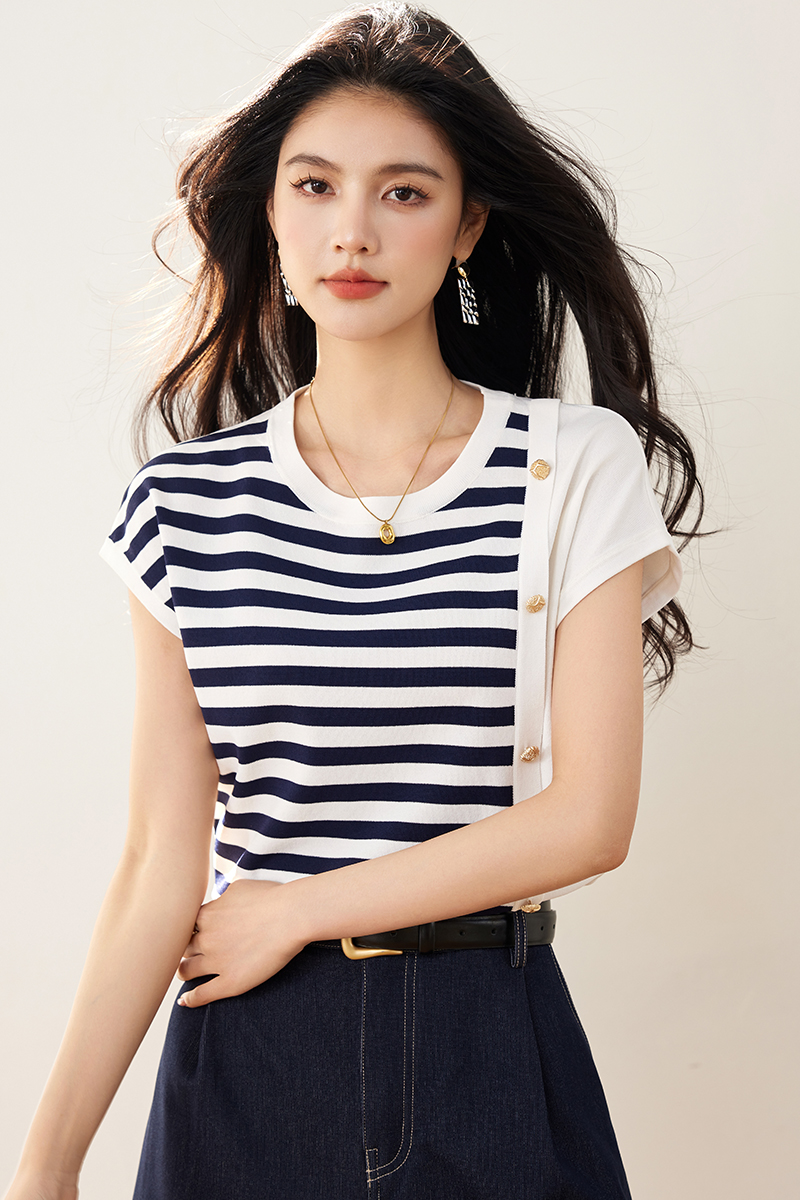 Mixed colors knitted loose T-shirt summer Casual tops
