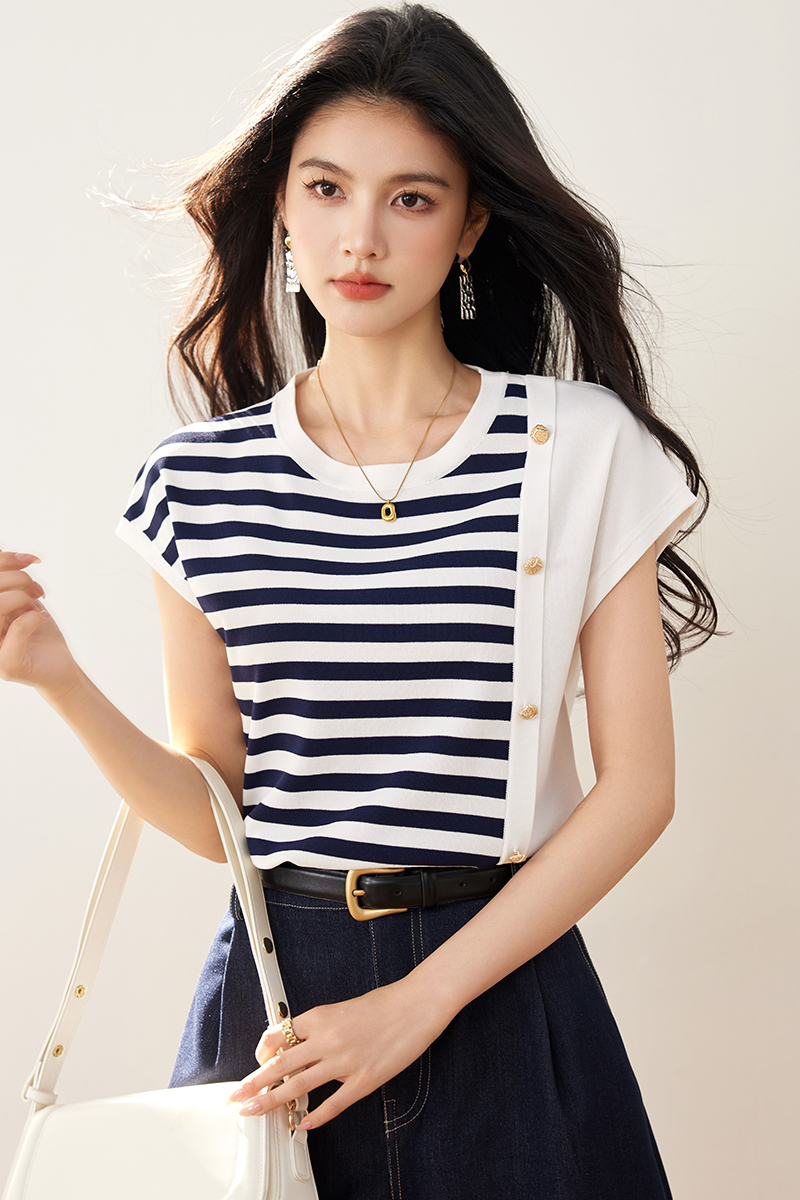 Mixed colors knitted loose T-shirt summer Casual tops