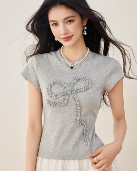 Bow round neck T-shirt slim short sleeve tops for women