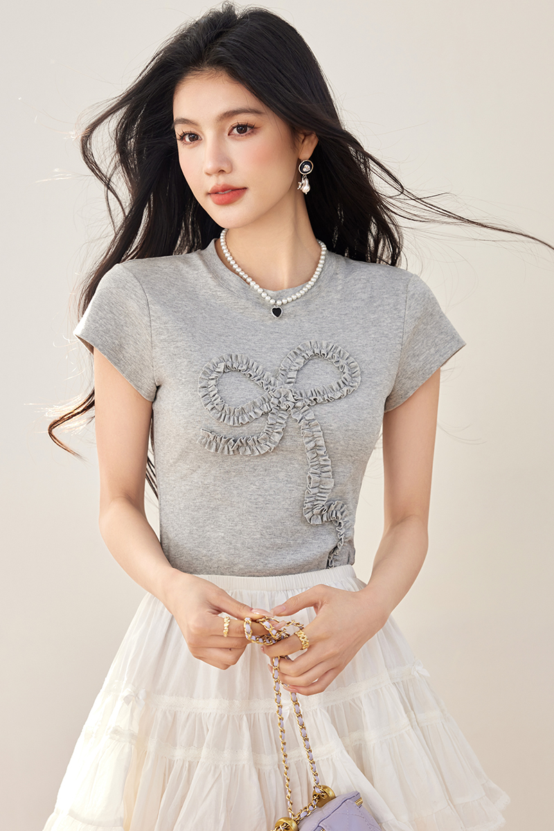 Bow round neck T-shirt slim short sleeve tops for women