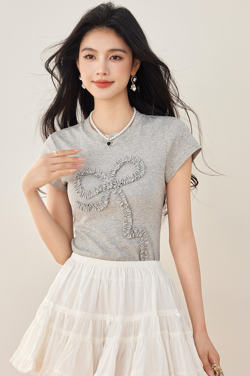 Bow round neck T-shirt slim short sleeve tops for women