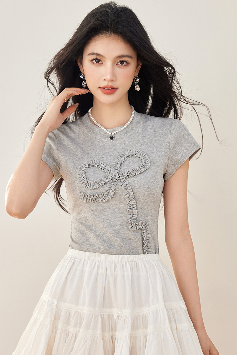 Bow round neck T-shirt slim short sleeve tops for women