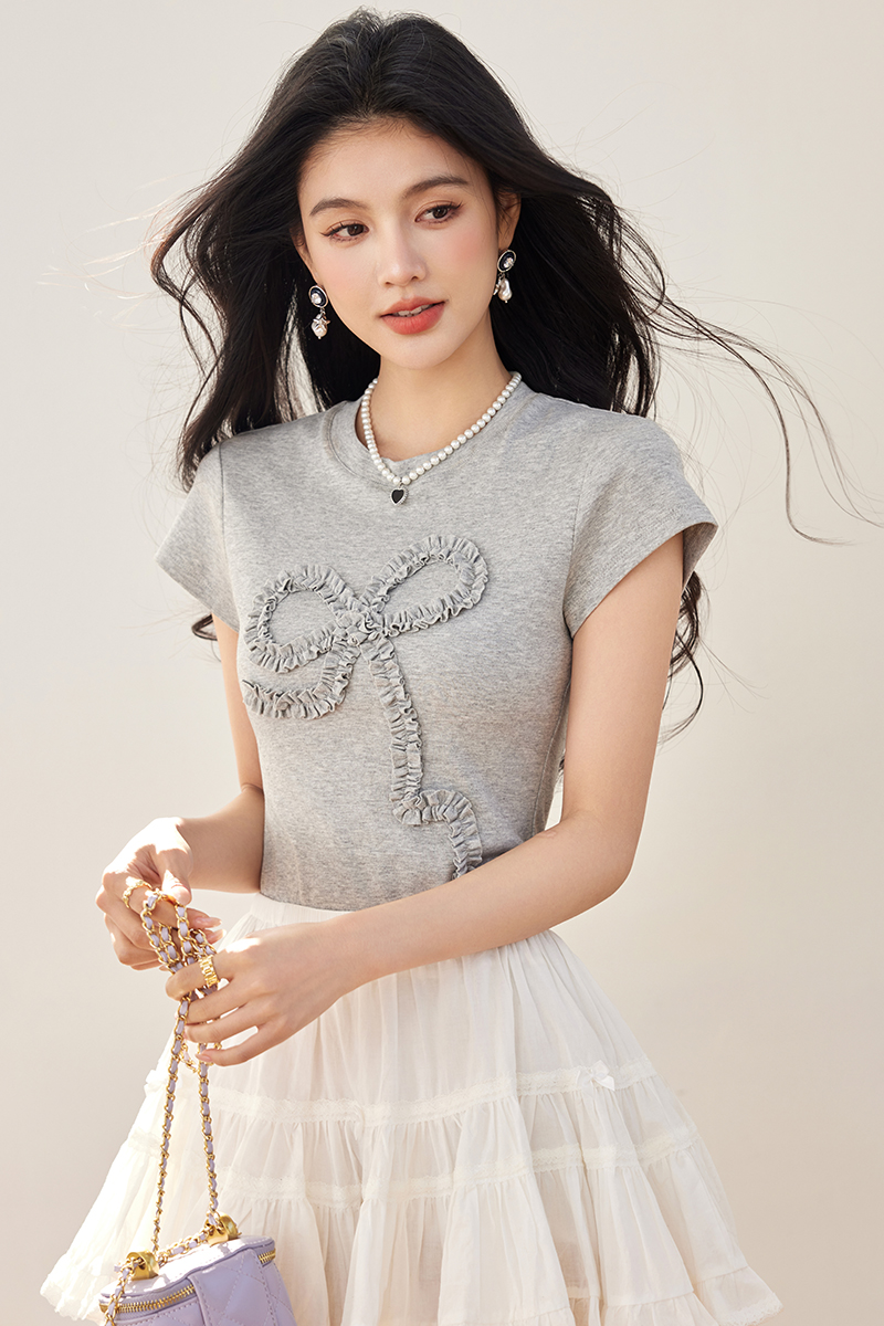 Bow round neck T-shirt slim short sleeve tops for women