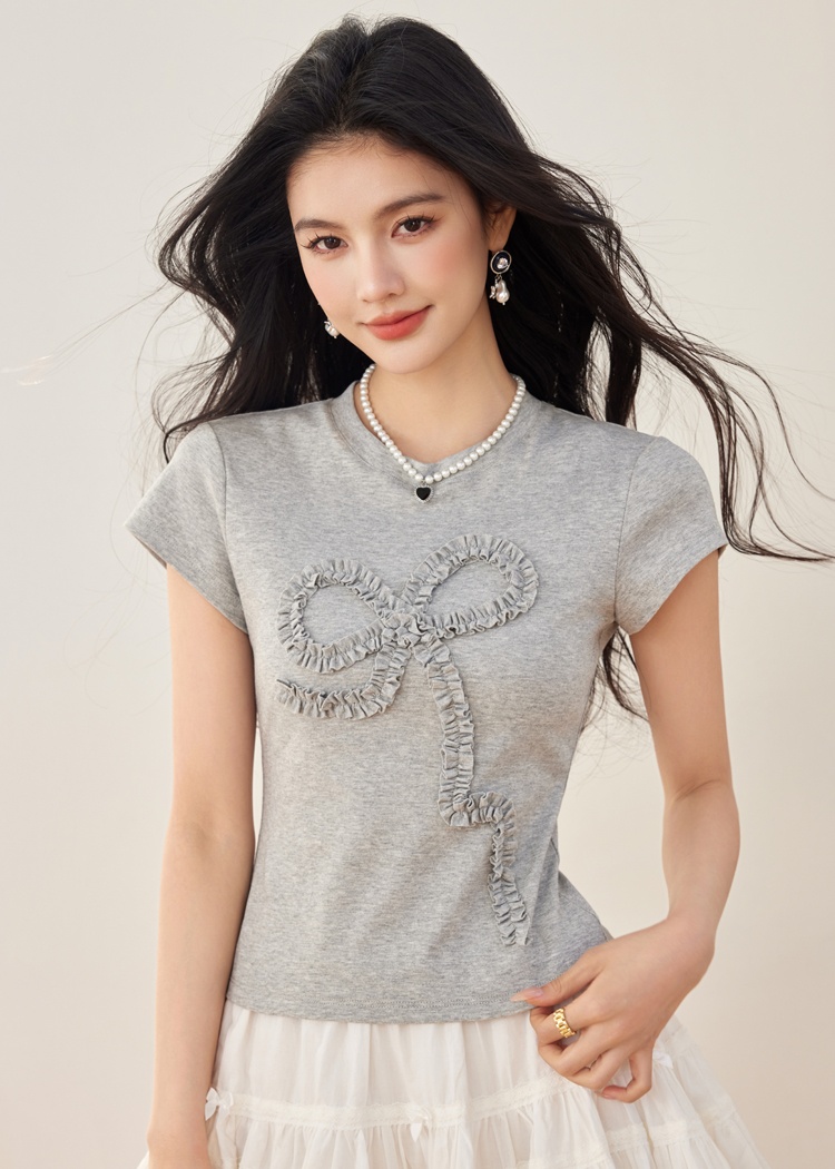 Bow round neck T-shirt slim short sleeve tops for women
