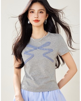 Bow Casual ribbon slim gray short sleeve tops