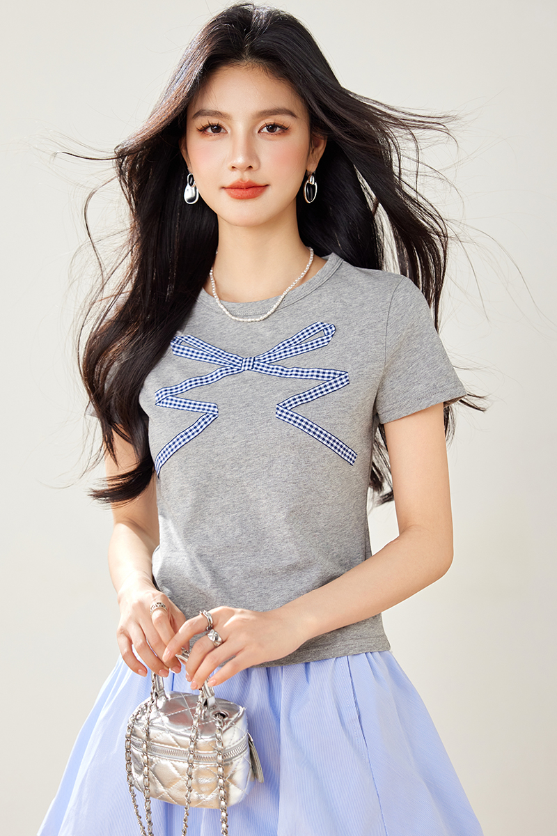 Bow Casual ribbon slim gray short sleeve tops