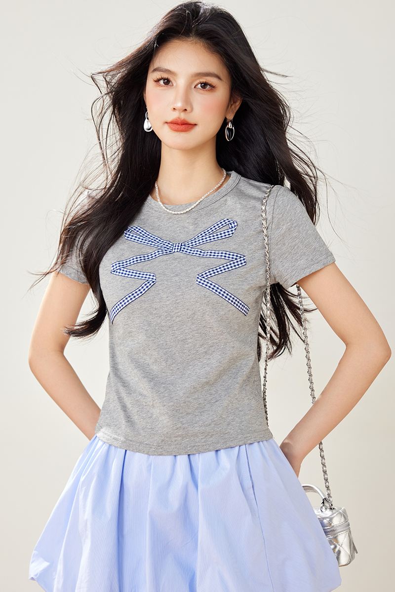 Bow Casual ribbon slim gray short sleeve tops