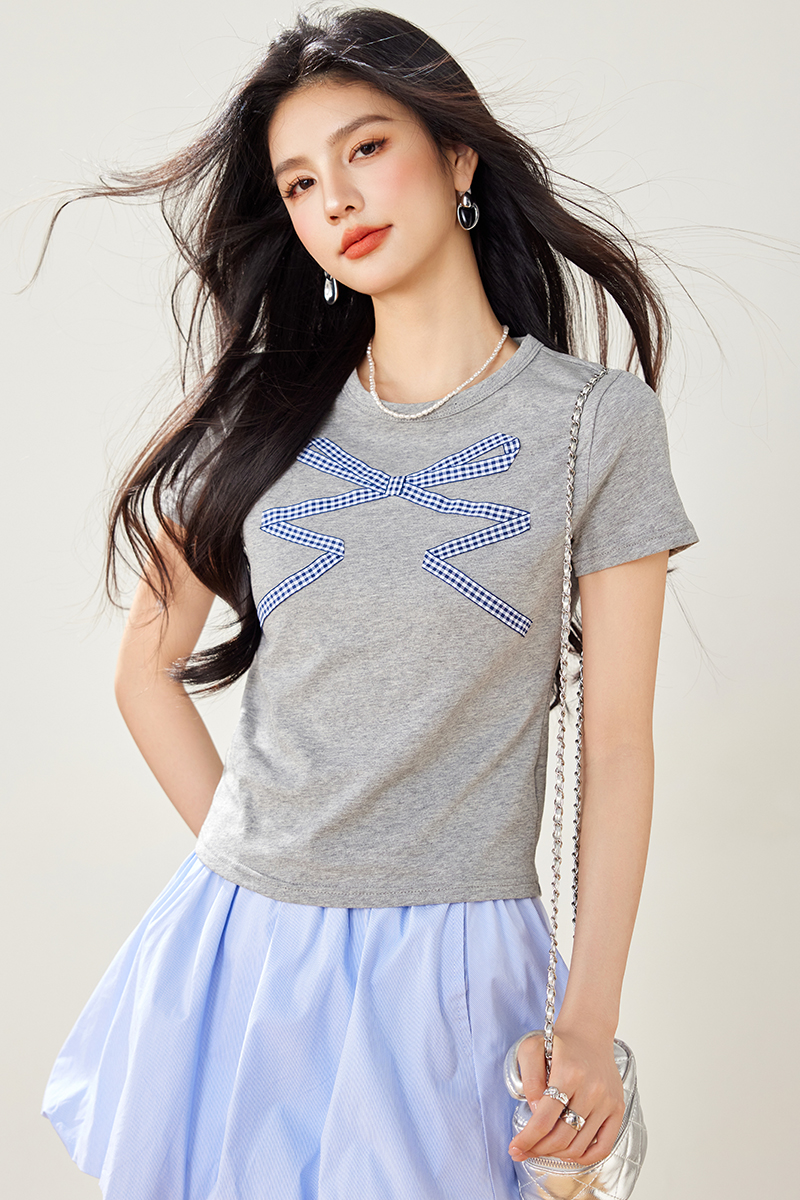 Bow Casual ribbon slim gray short sleeve tops