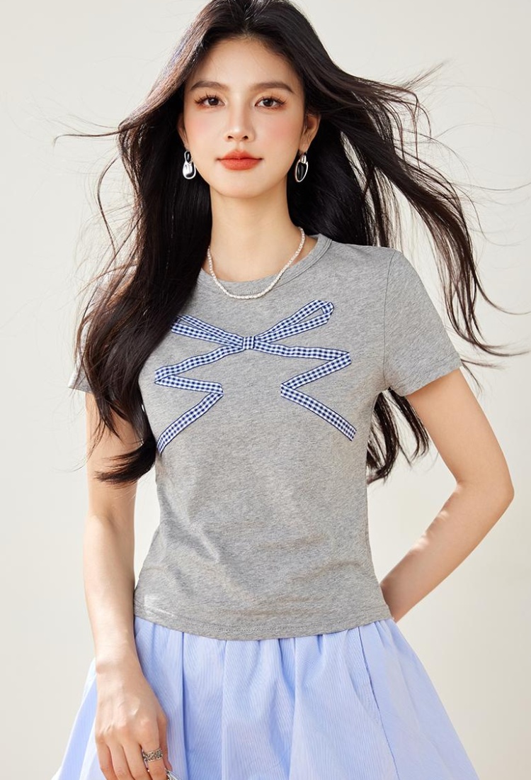 Bow Casual ribbon slim gray short sleeve tops